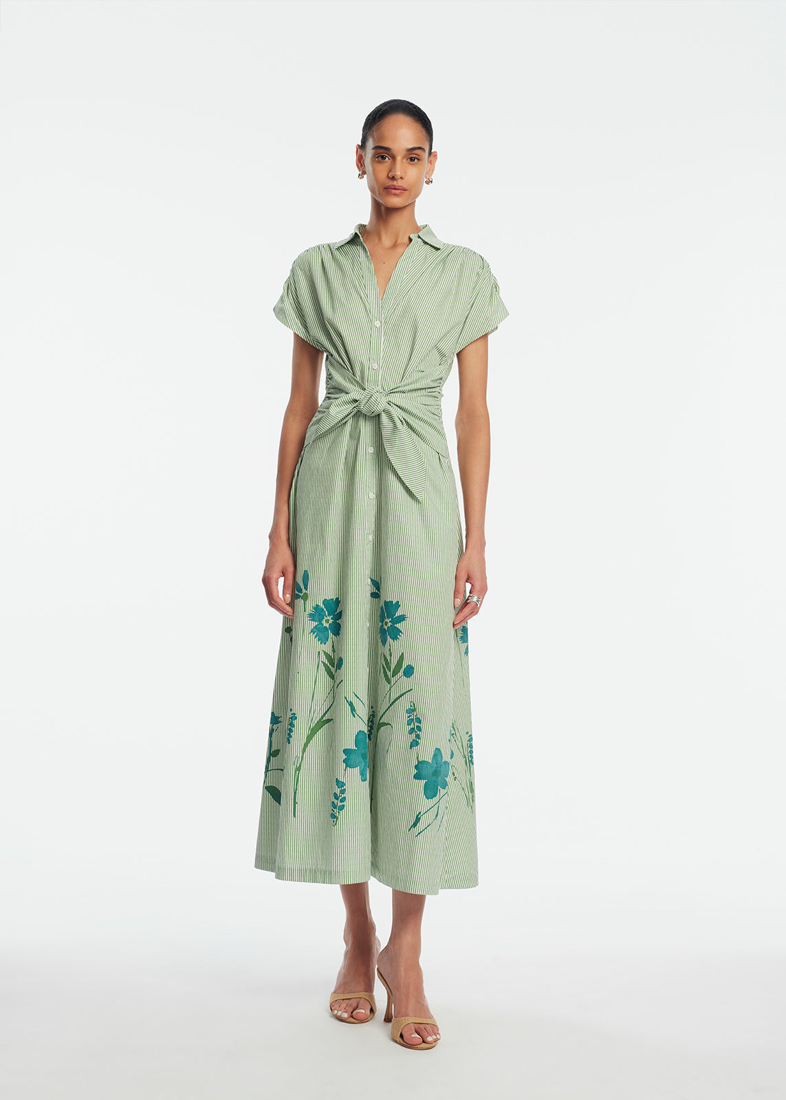Floral Striped Cotton Tie Waist Dress | Mallard Multi