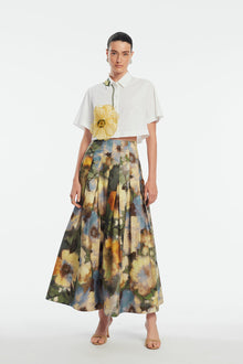 Peony Embroidered Cotton Poplin Cropped Shirt | White/Yellow