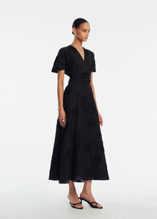 Ribbon Embroidered Cotton Full Skirt | Black