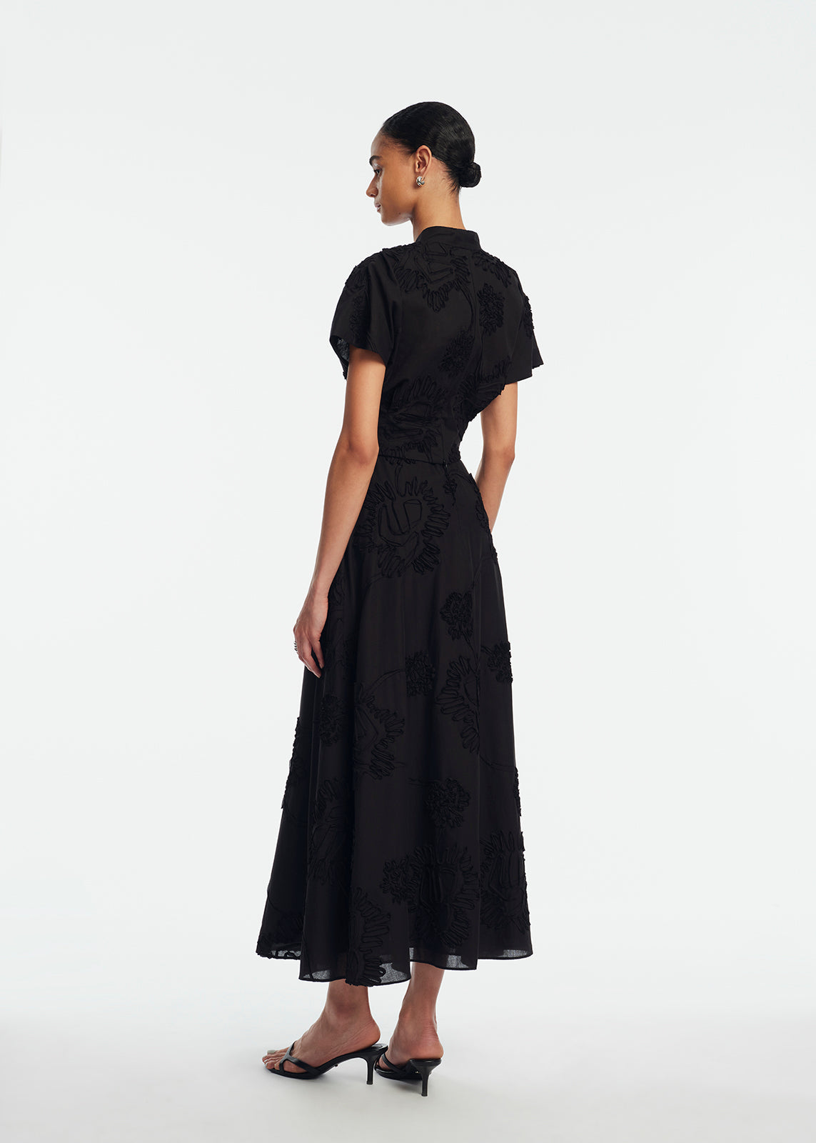 Ribbon Embroidered Cotton V-Neck Top | Black