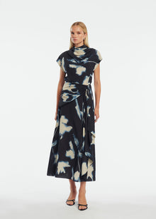Abstract Floral Crepe Cascade Skirt | Navy