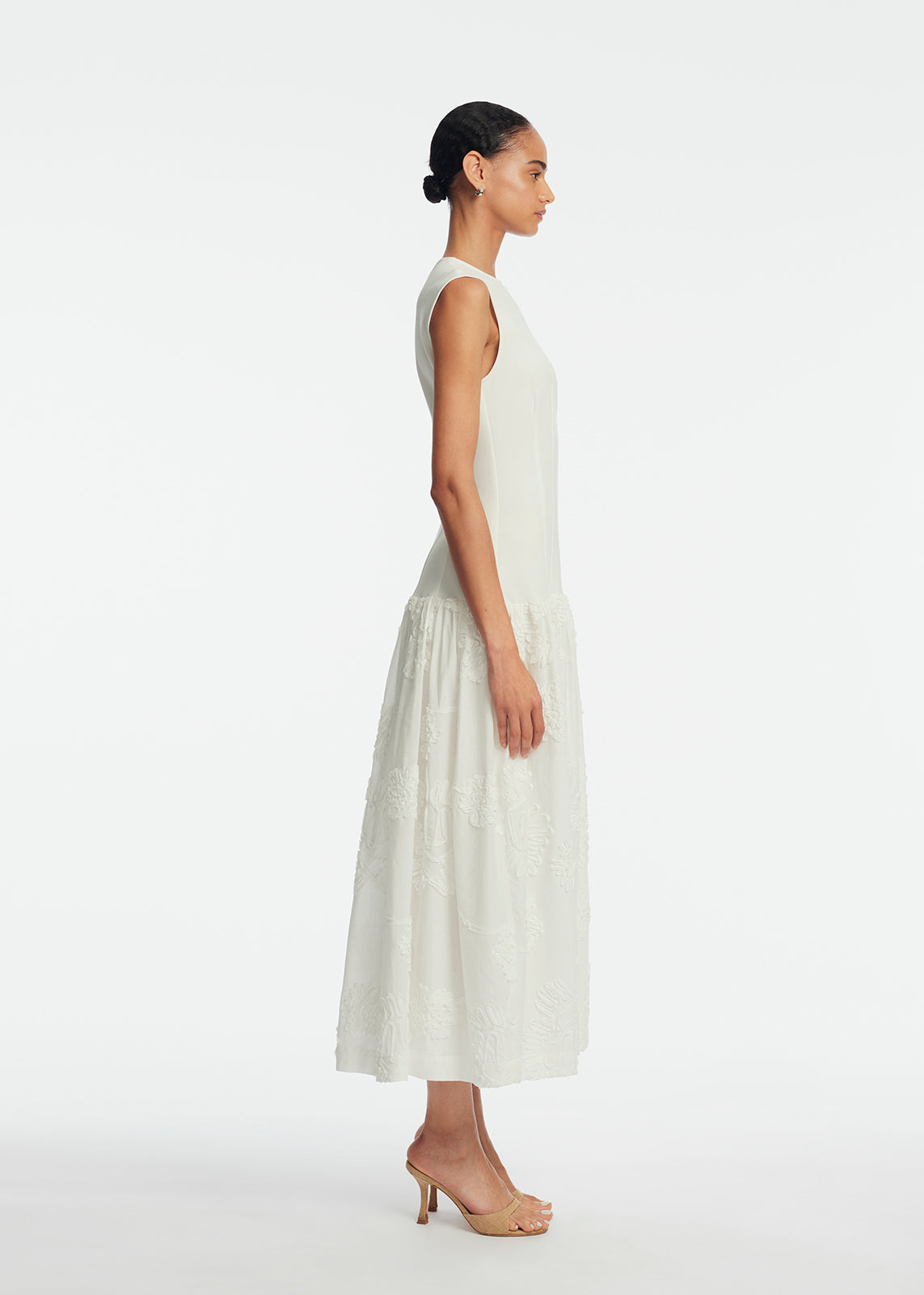 Ribbon Embroidered Cotton Combo Dress | White