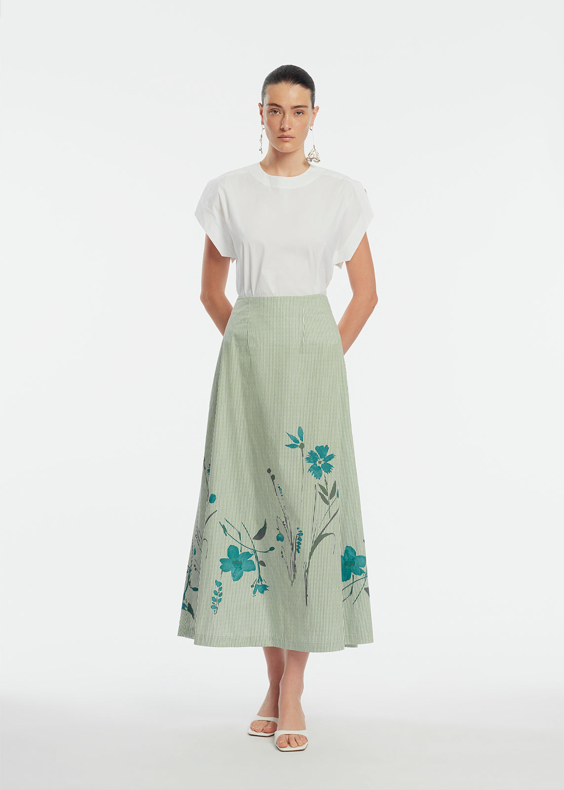 Floral Striped Cotton A-Line Skirt | Mallard Multi
