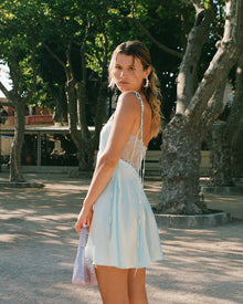 Blue Mist Mini Dress w/ Lace Panel & Beaded Tie Straps | Blue Mist