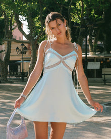 Blue Mist Mini Dress w/ Lace Panel & Beaded Tie Straps | Blue Mist
