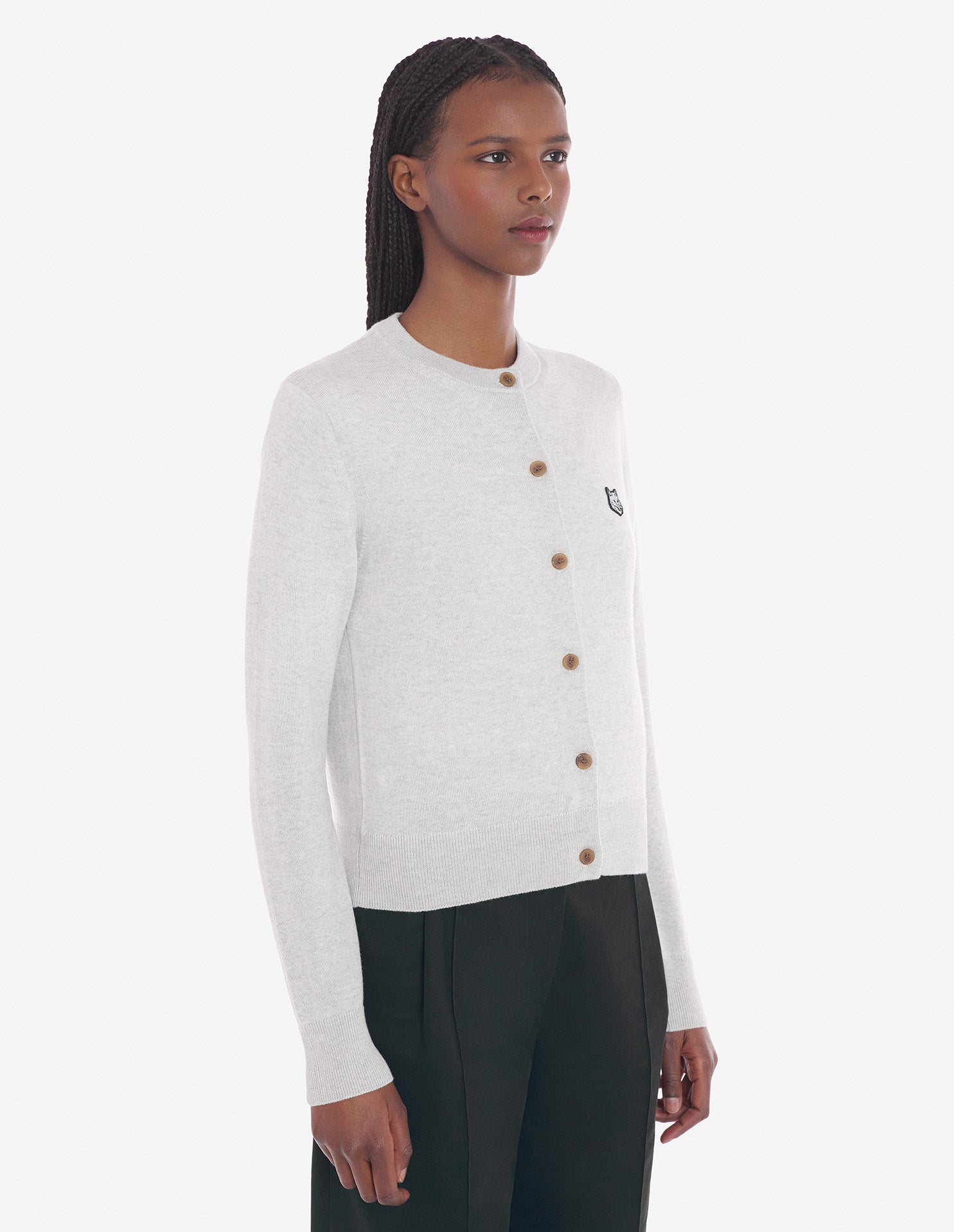 Womens | Bold Fox Head Patch Regular Cardigan | Light Grey Melange
