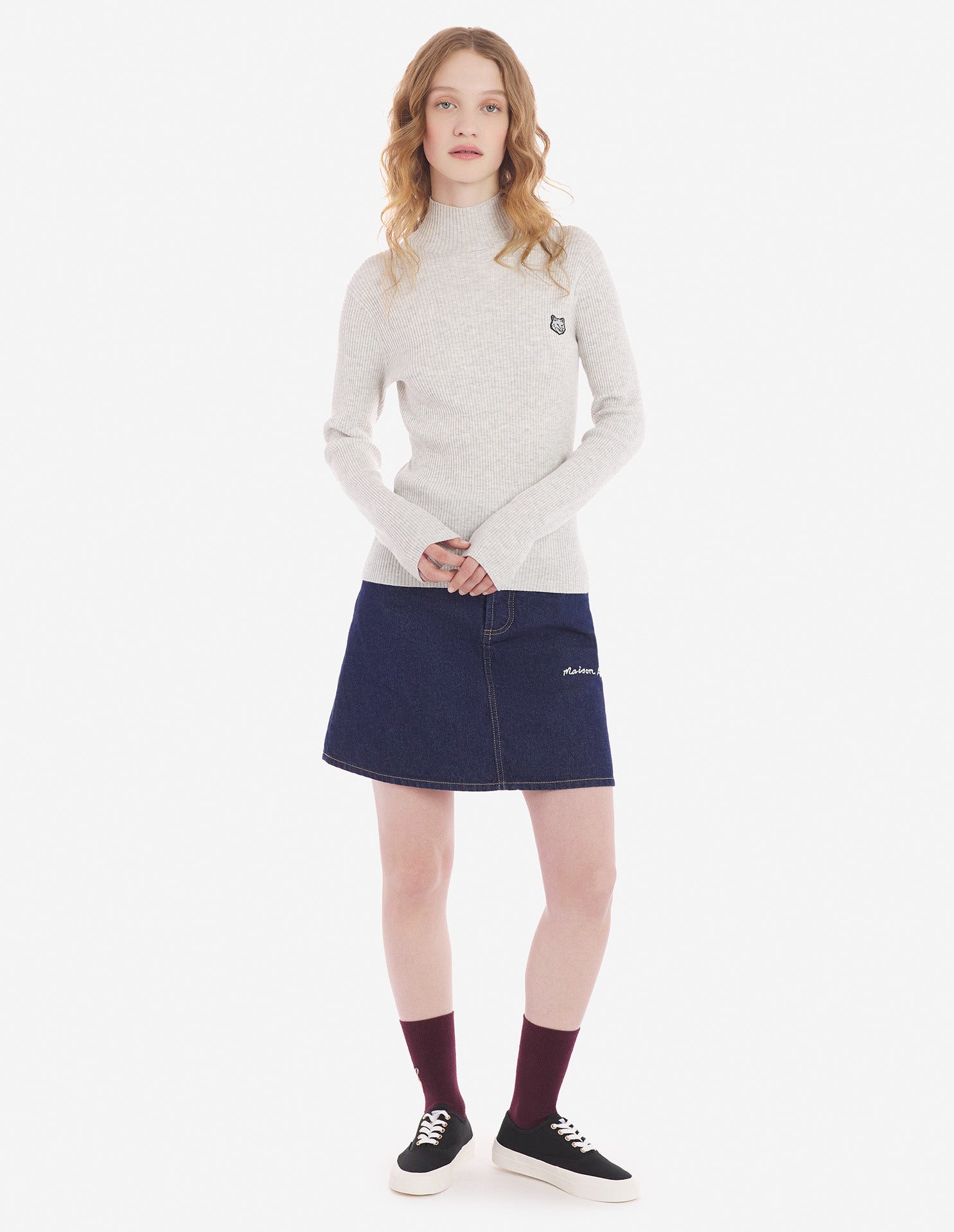Womens | Bold Fox Head Patch Fine Ribbed Turtleneck Cotton And Wool Pullover | Light Grey Melange