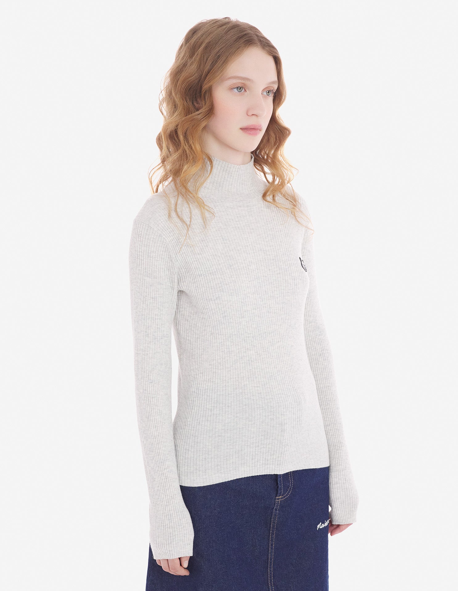 Womens | Bold Fox Head Patch Fine Ribbed Turtleneck Cotton And Wool Pullover | Light Grey Melange