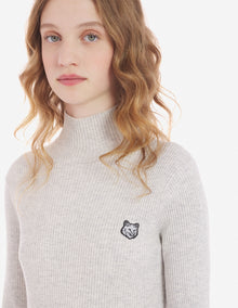 Womens | Bold Fox Head Patch Fine Ribbed Turtleneck Cotton And Wool Pullover | Light Grey Melange