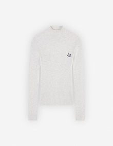 Womens | Bold Fox Head Patch Fine Ribbed Turtleneck Cotton And Wool Pullover | Light Grey Melange