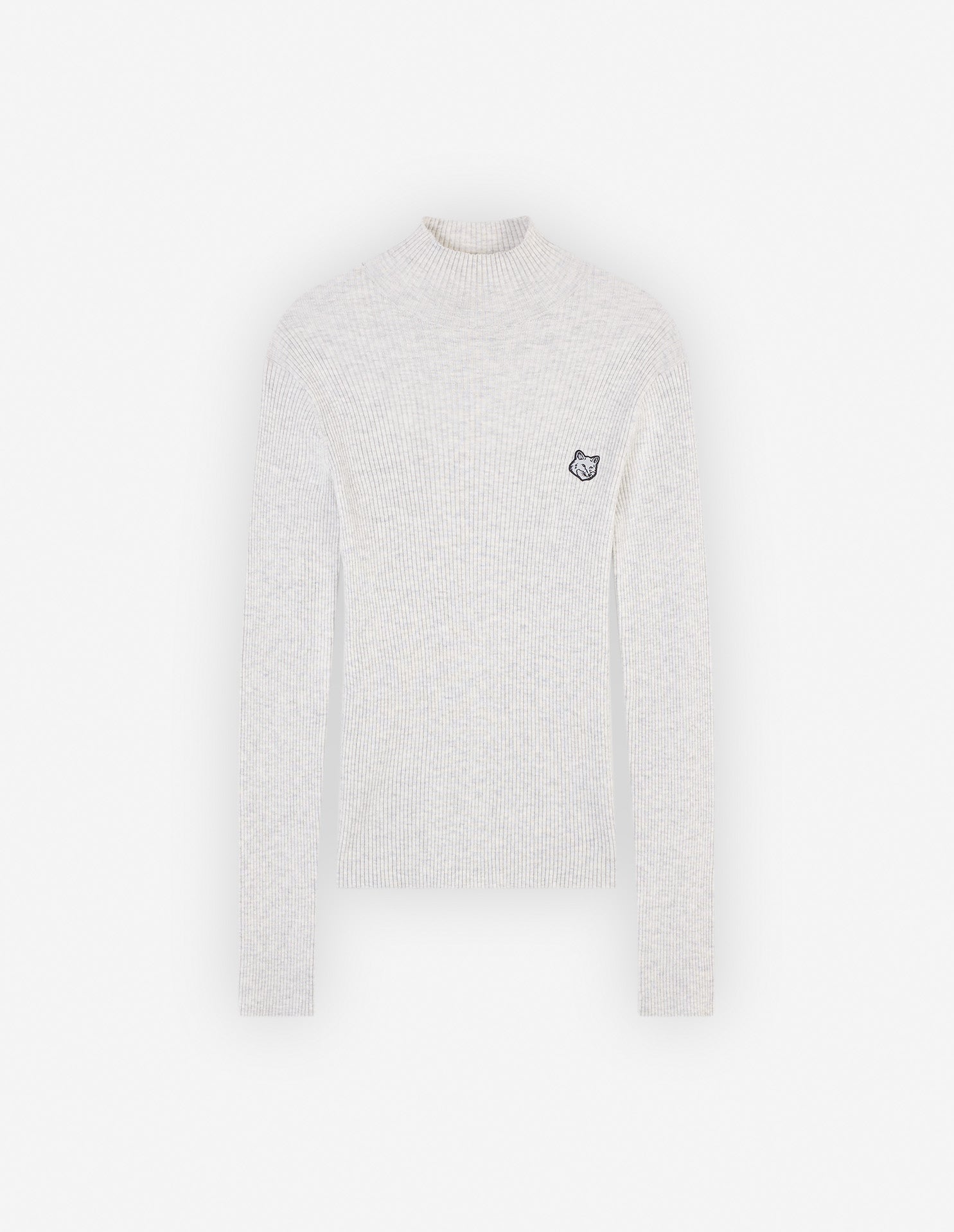 Womens | Bold Fox Head Patch Fine Ribbed Turtleneck Cotton And Wool Pullover | Light Grey Melange