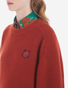 Womens | Bold Fox Head Patch Comfort Ribbed Merino Wool-Blend Jumper | Burnt Red