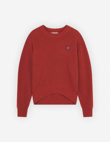 Womens | Bold Fox Head Patch Comfort Ribbed Merino Wool-Blend Jumper | Burnt Red