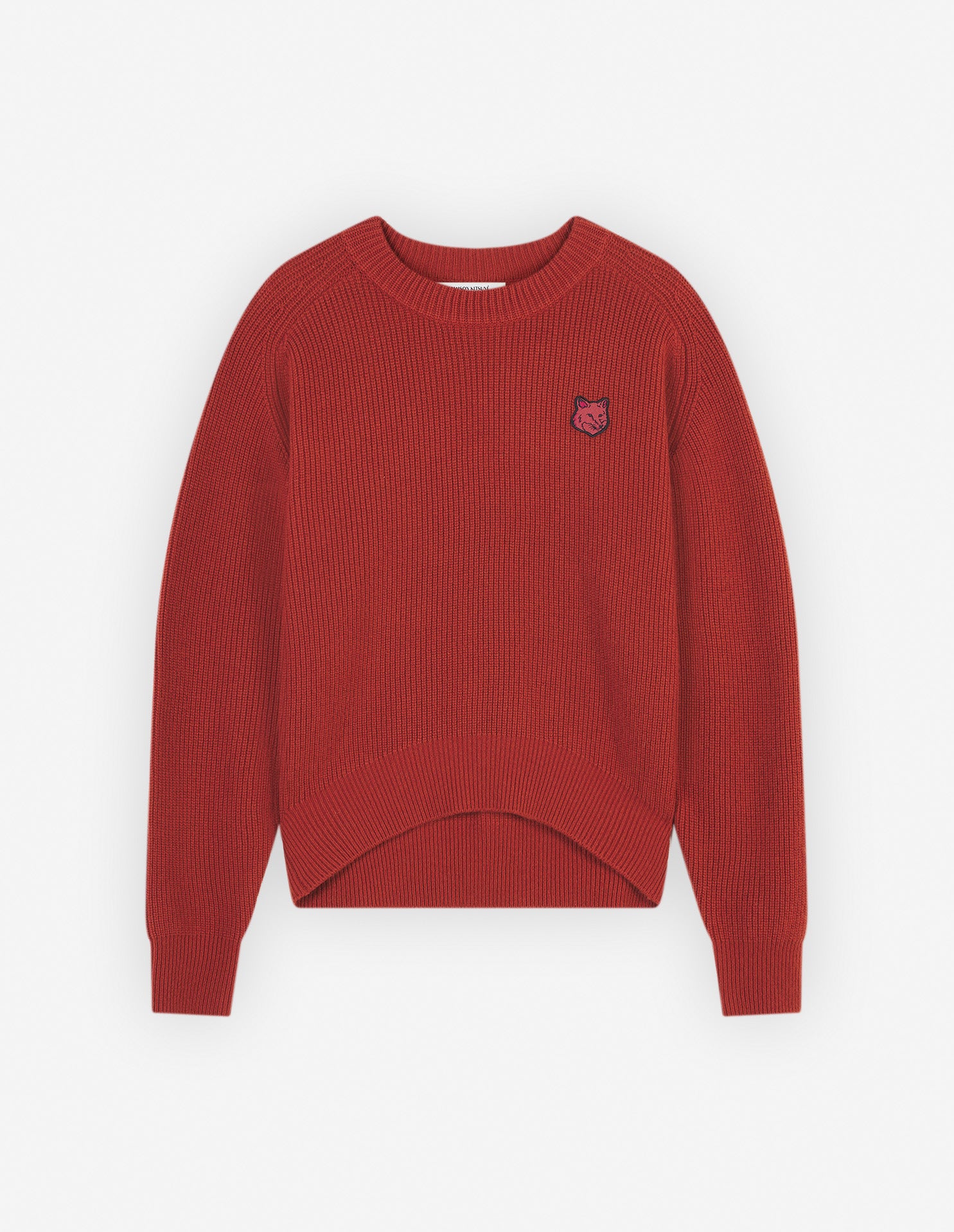 Womens | Bold Fox Head Patch Comfort Ribbed Merino Wool-Blend Jumper | Burnt Red