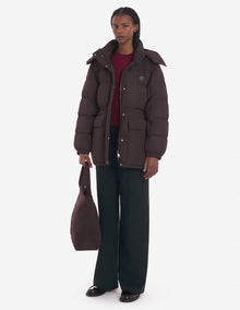 Womens | Bold Fox Head Patch Nylon Hooded Puffer | Pecan Brown