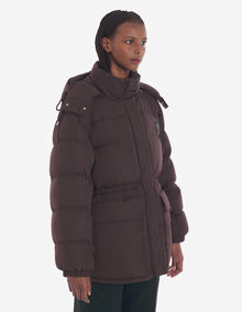 Womens | Bold Fox Head Patch Nylon Hooded Puffer | Pecan Brown