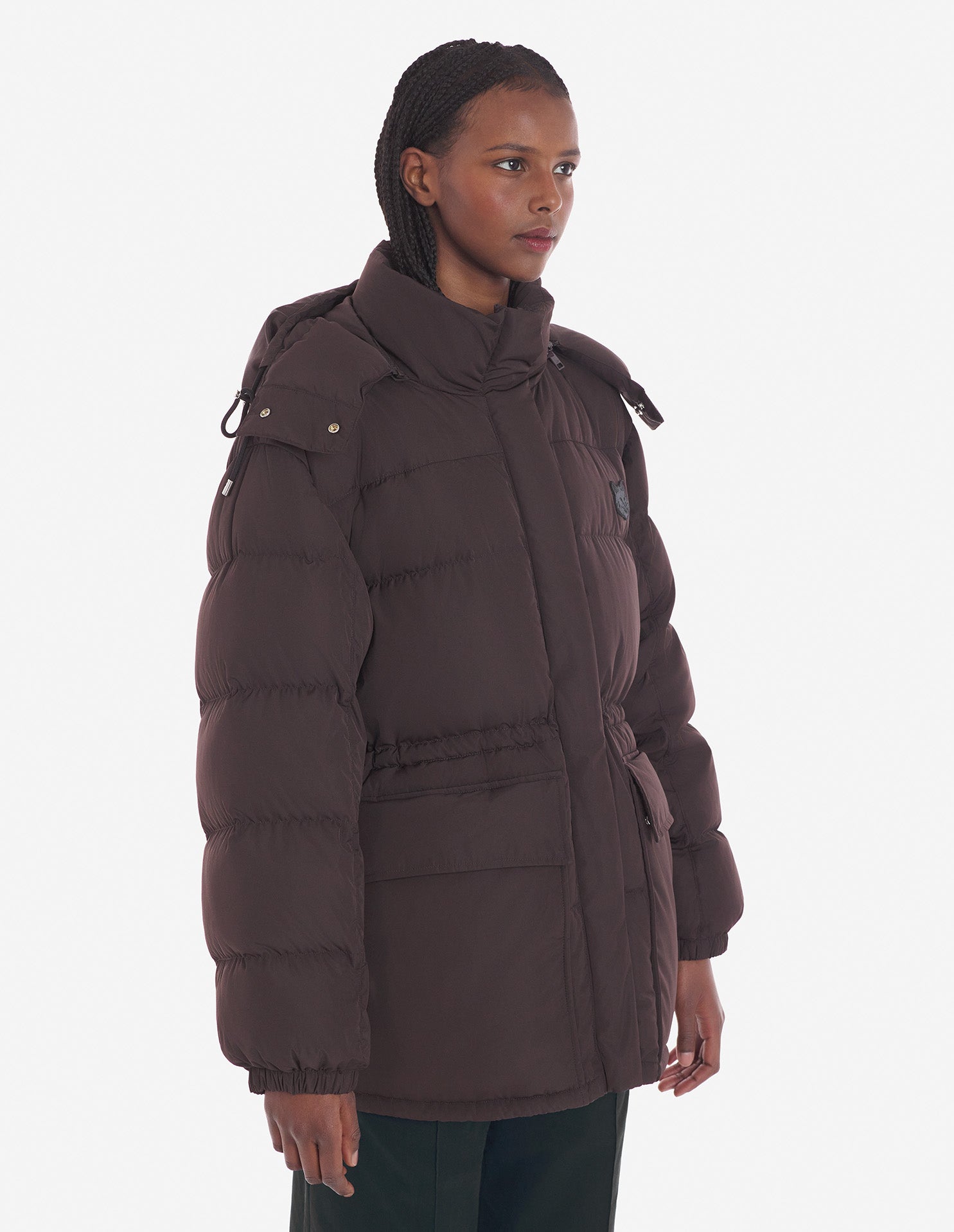 Womens | Bold Fox Head Patch Nylon Hooded Puffer | Pecan Brown
