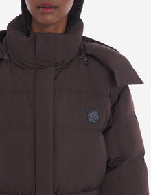 Womens | Bold Fox Head Patch Nylon Hooded Puffer | Pecan Brown