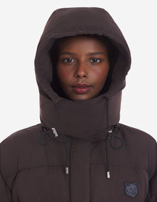 Womens | Bold Fox Head Patch Nylon Hooded Puffer | Pecan Brown