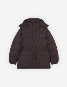 Womens | Bold Fox Head Patch Nylon Hooded Puffer | Pecan Brown