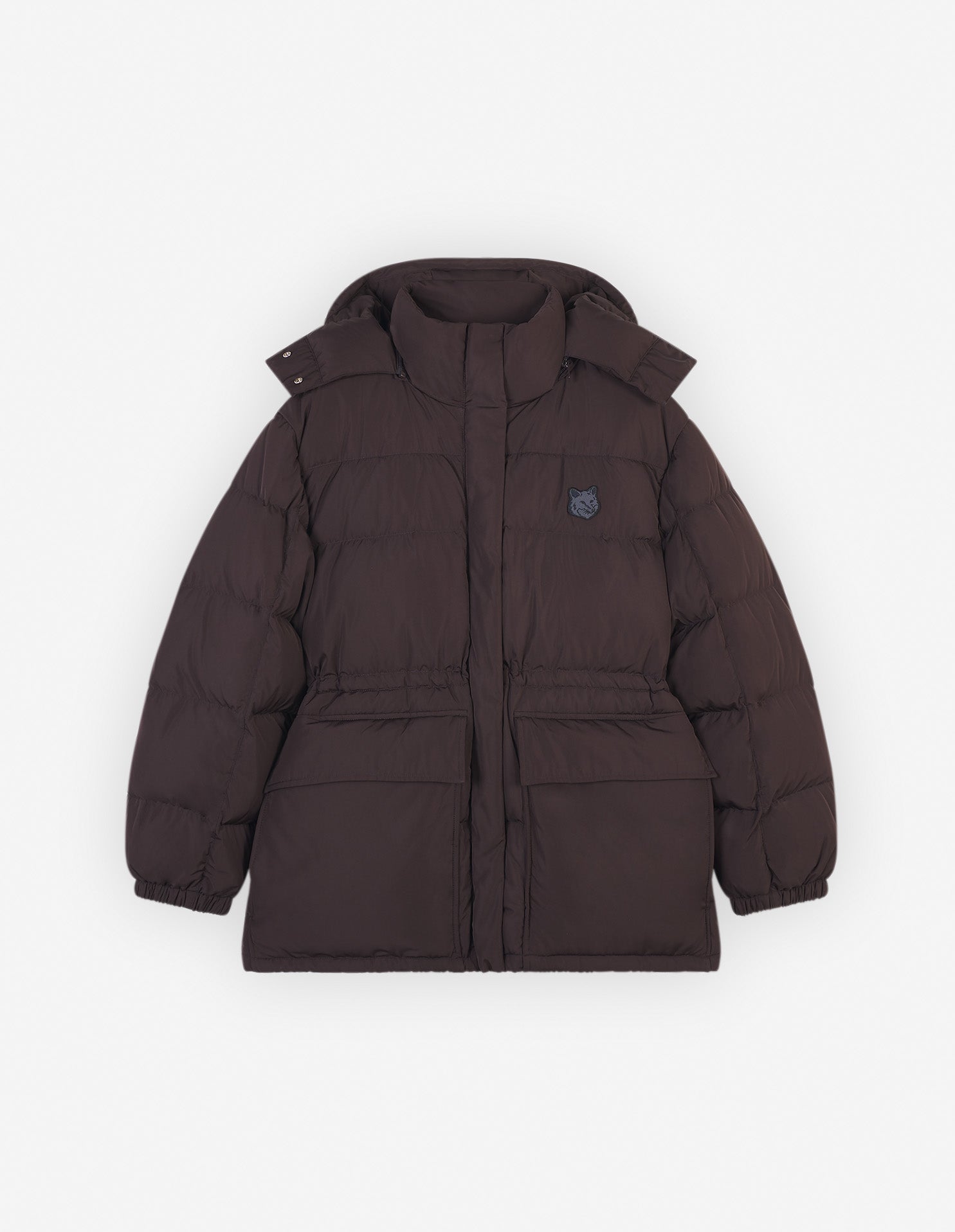 Womens | Bold Fox Head Patch Nylon Hooded Puffer | Pecan Brown