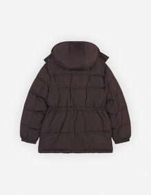 Womens | Bold Fox Head Patch Nylon Hooded Puffer | Pecan Brown