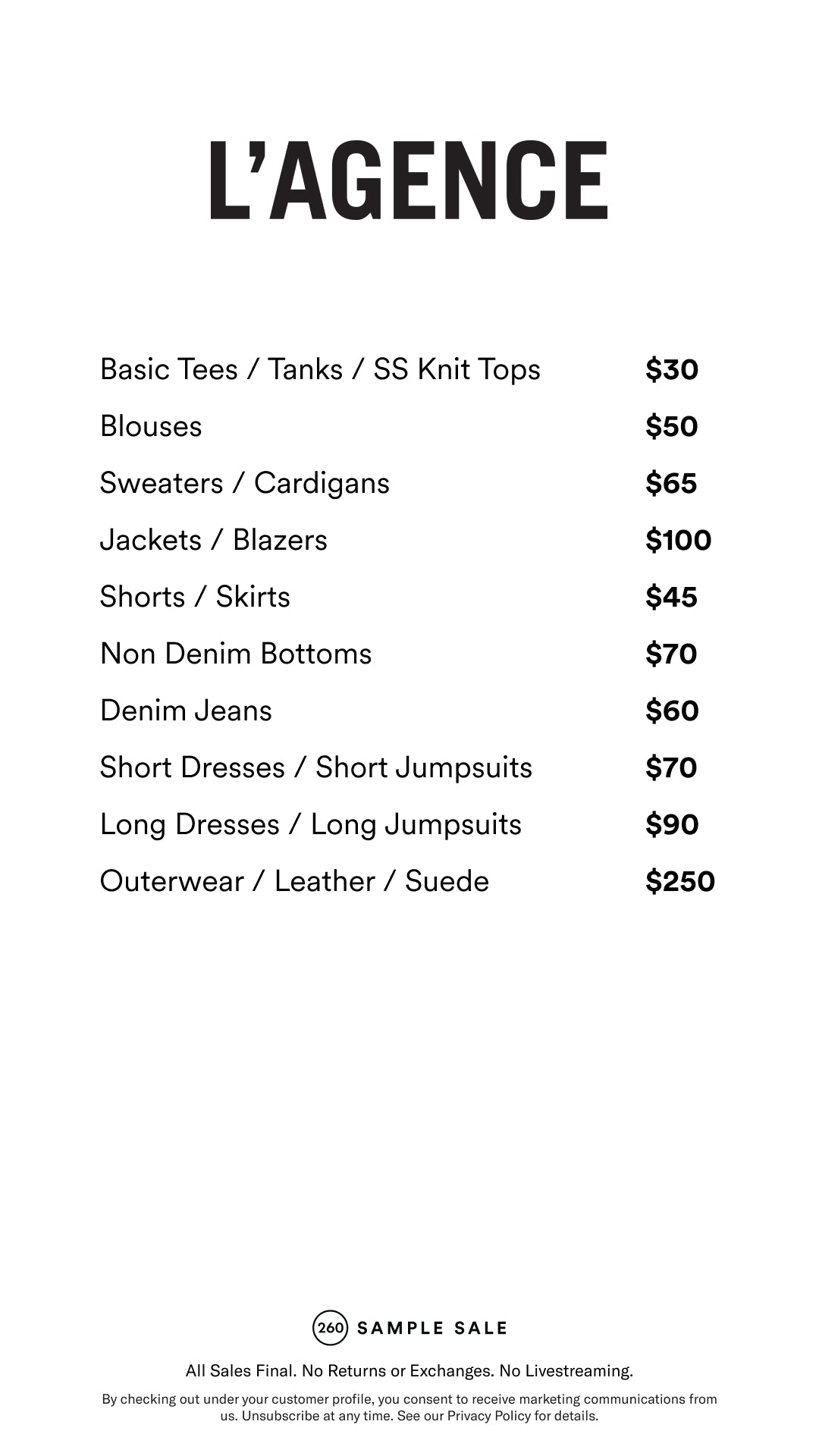 Price table