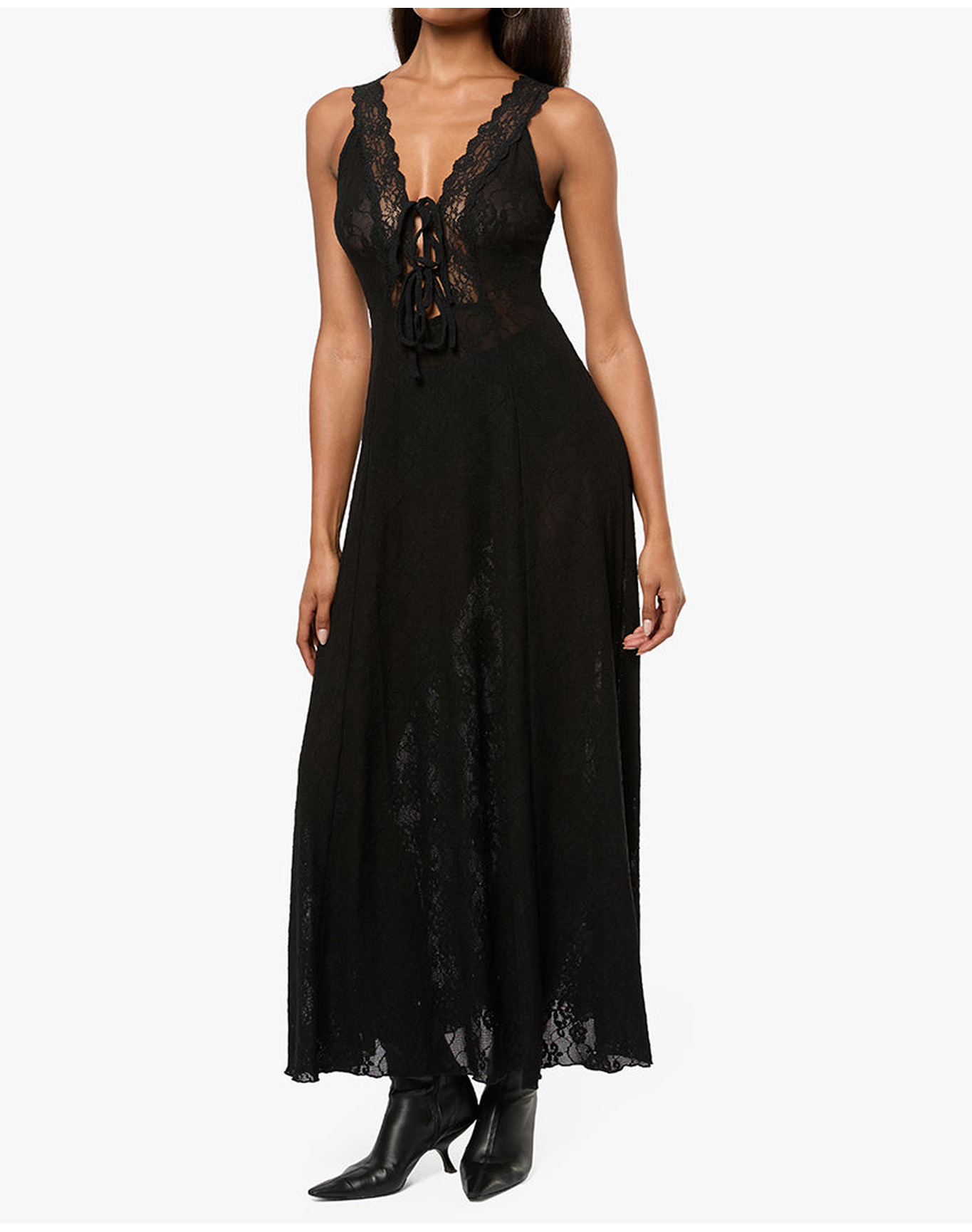 Lace Tie Front Midi Dress | Black