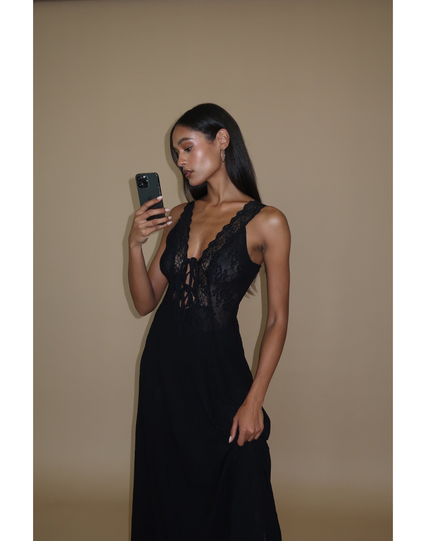 Lace Tie Front Midi Dress | Black