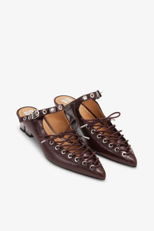 Lace Up Mules in Brown Oleatex | Tawny Port