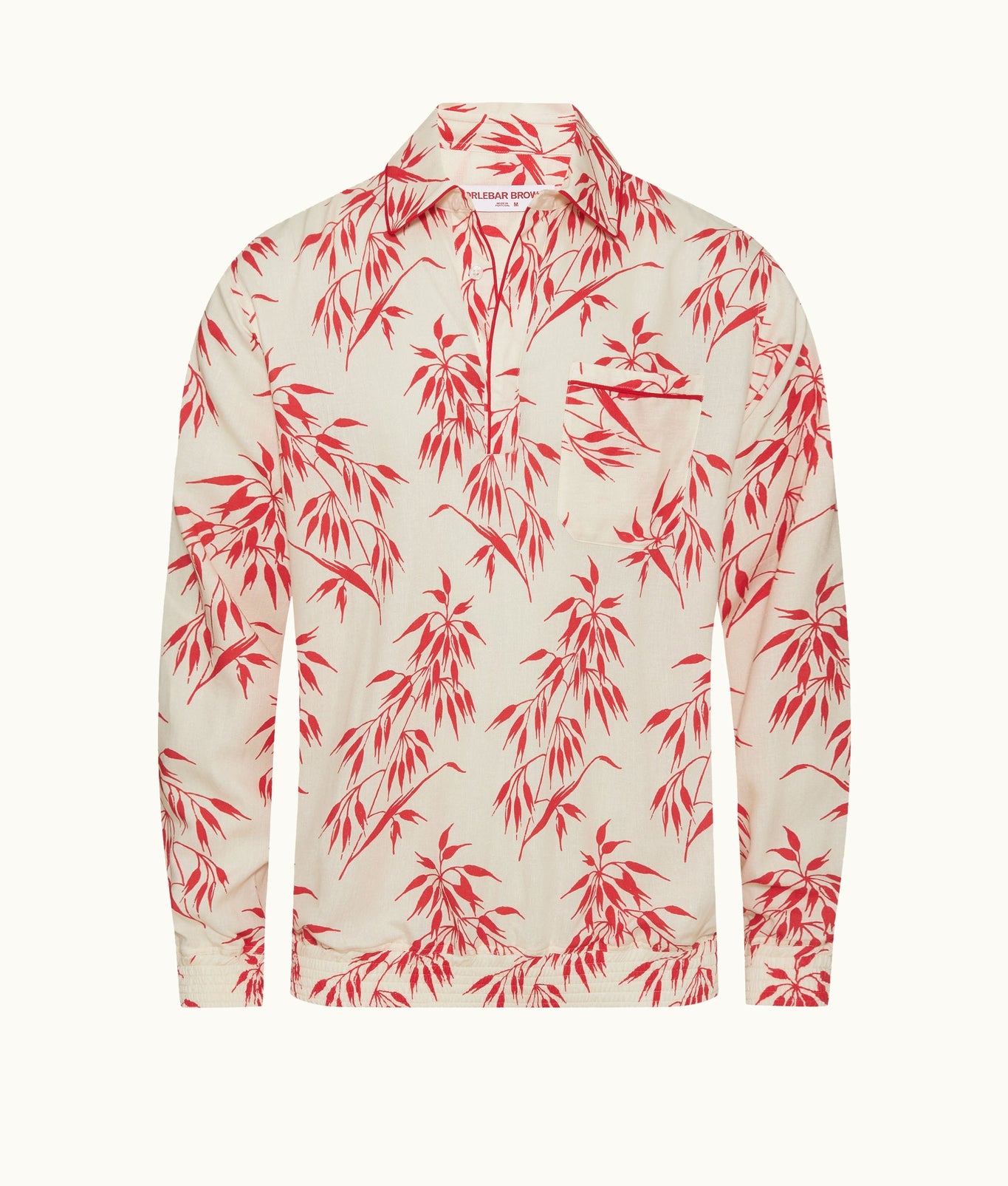 Lakewood Easy Fit Classic Collar Long-Sleeve Bamboo Print Linen Overhead Shirt | White Sand/Summer Red