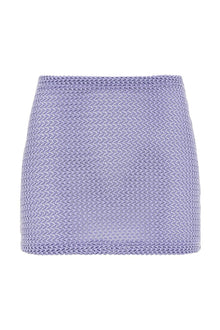 Lavender crochet mini skirt with open knit texture and elasticated waistband.