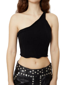 Layered Knit One Shoulder Top | Black
