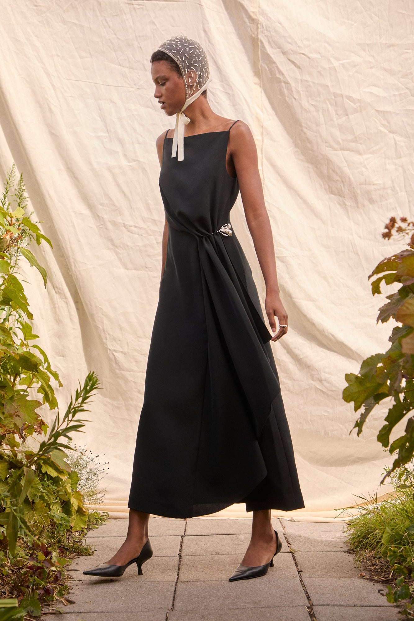 Fluid Crepe Pin Detail Draped Dress | Black