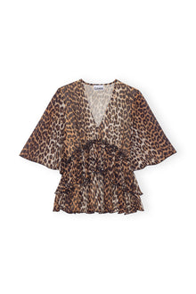 Leopard Pleated Georgette V neck Flounce Blouse | Almond Milk