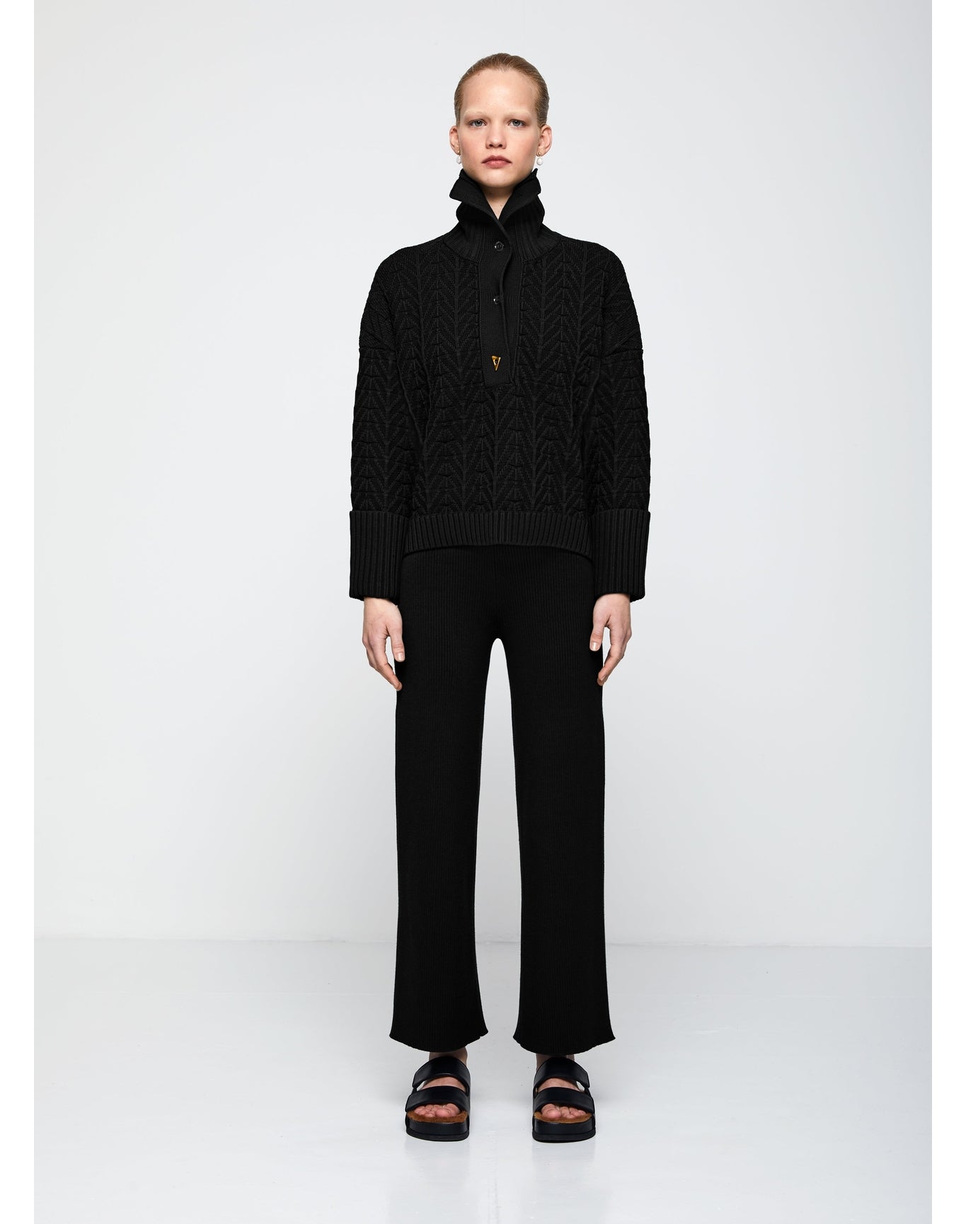 Lia | Ribbed-Knit Culotte Pants | Black