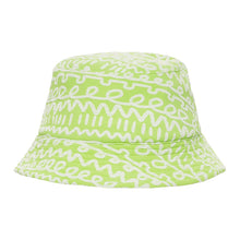 Lime green mini bucket hat with white abstract pattern throughout.
