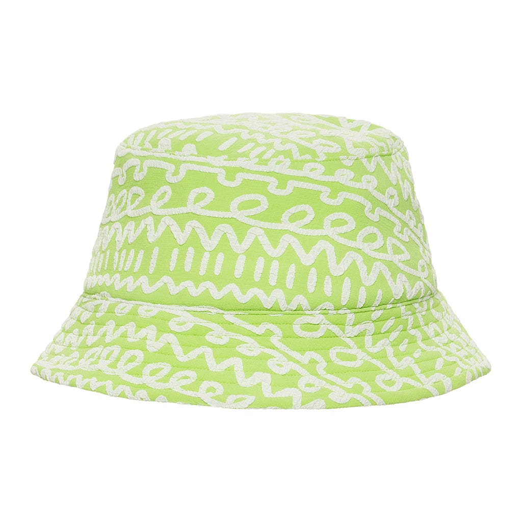 Lime green mini bucket hat with white abstract pattern throughout.