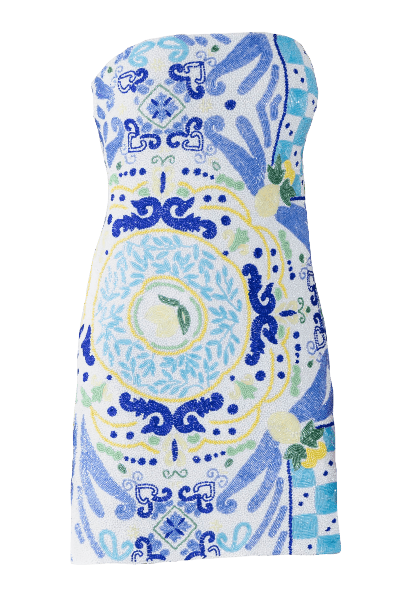 Limoncello Hand - Beaded Embellished Mini Dress - White/Blue - Self - Adore