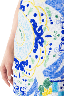 Limoncello Hand - Beaded Embellished Mini Dress - White/Blue - Self - Adore