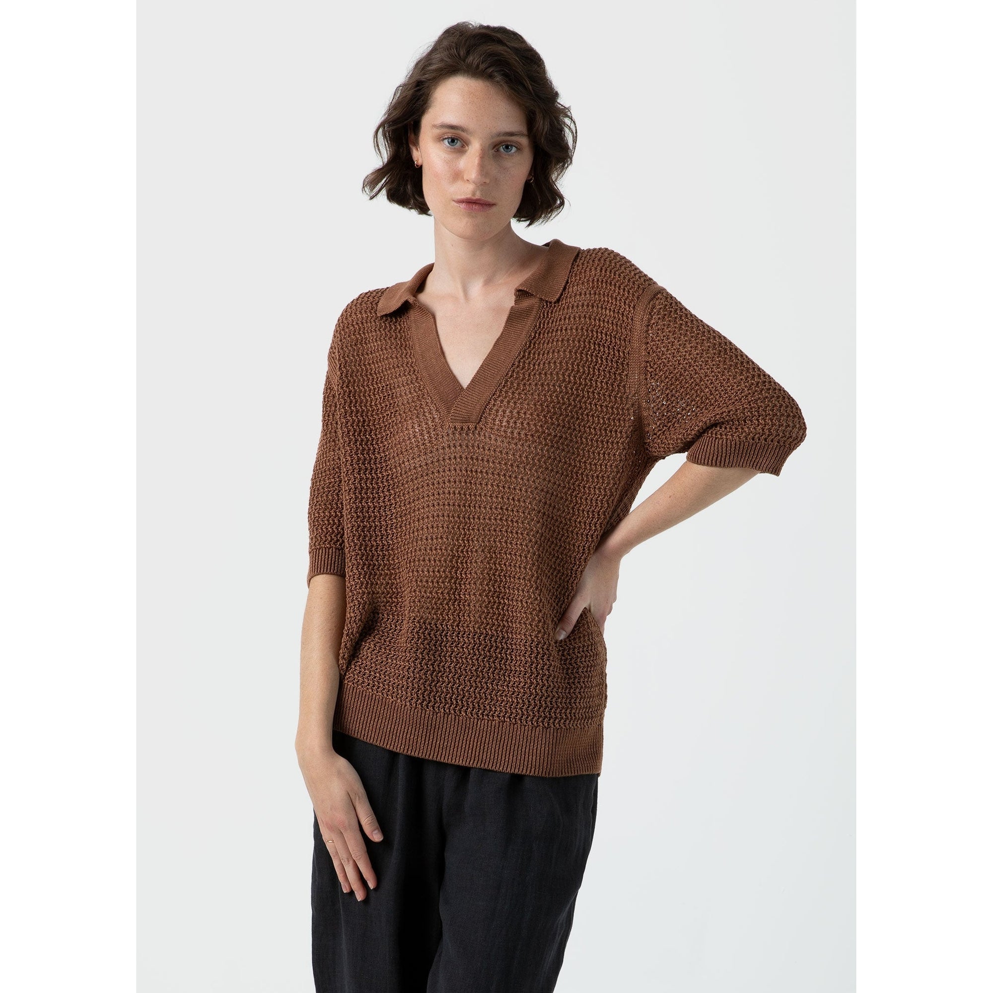 Linen Mesh Polo Shirt | Women | Brown