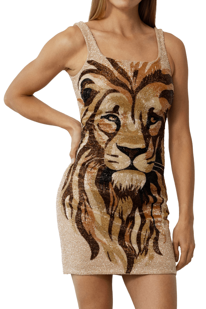Lion Hand - Beaded Embellished Mini Dress - Self - Adore