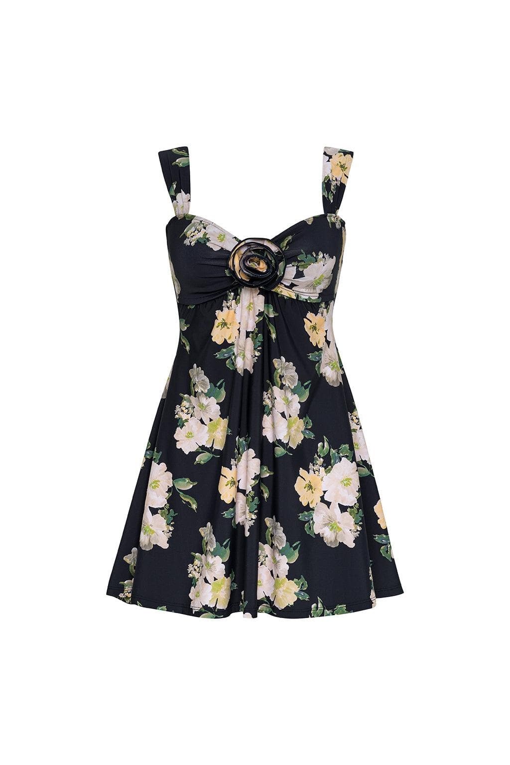 Black sleeveless dress with yellow, pink, and white floral print, gold ring buckle detail at center chest, and A-line skirt.