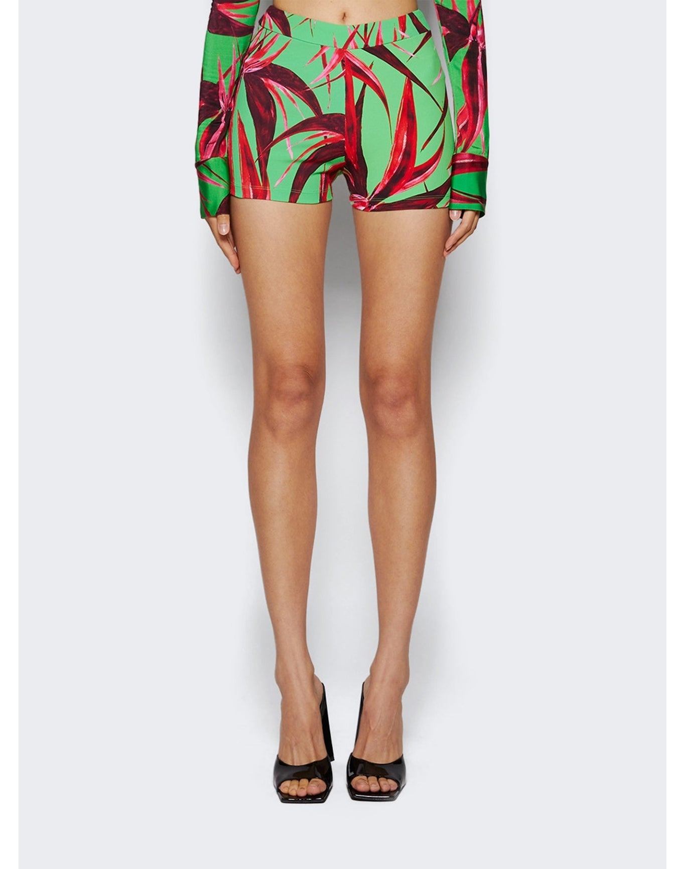Louisa Ballou | Women | Ribbed Knit Shorts | Green With Red Flowers