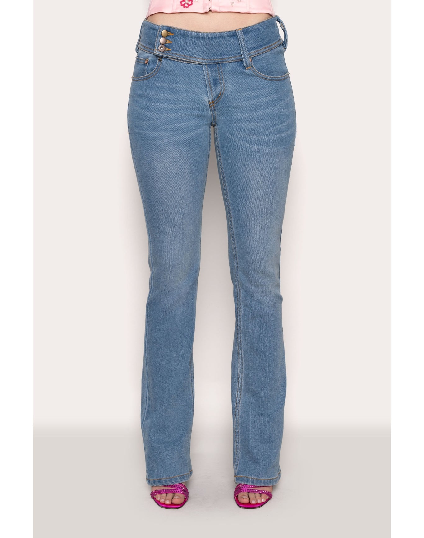Low Rise Belted Flare Denim | Blue Tide