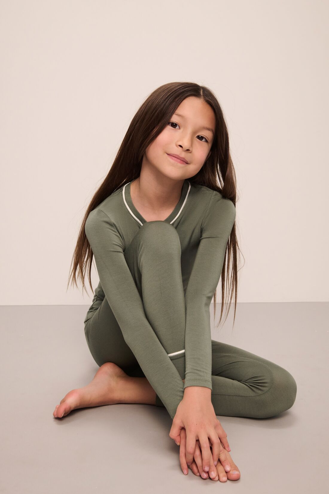 Kids TENCEL™ Modal Unisex Long PJ Set | Moss/Ivory