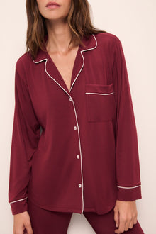 Model wears Gisele TENCEL Modal Long PJ Set in Cabernet/Ivory/