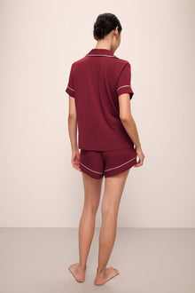 Model wears Gisele TENCELâ„¢ Modal Relaxed Short PJ Set in Cabernet/Ivory.