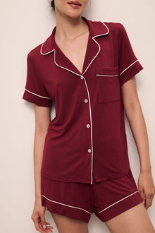 Model wears Gisele TENCELâ„¢ Modal Relaxed Short PJ Set in Cabernet/Ivory.