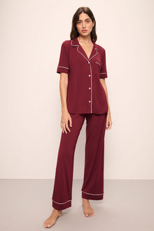Model wears Gisele TENCEL Modal Short Sleeve & Pant PJ Set in Cabernet/Ivory.